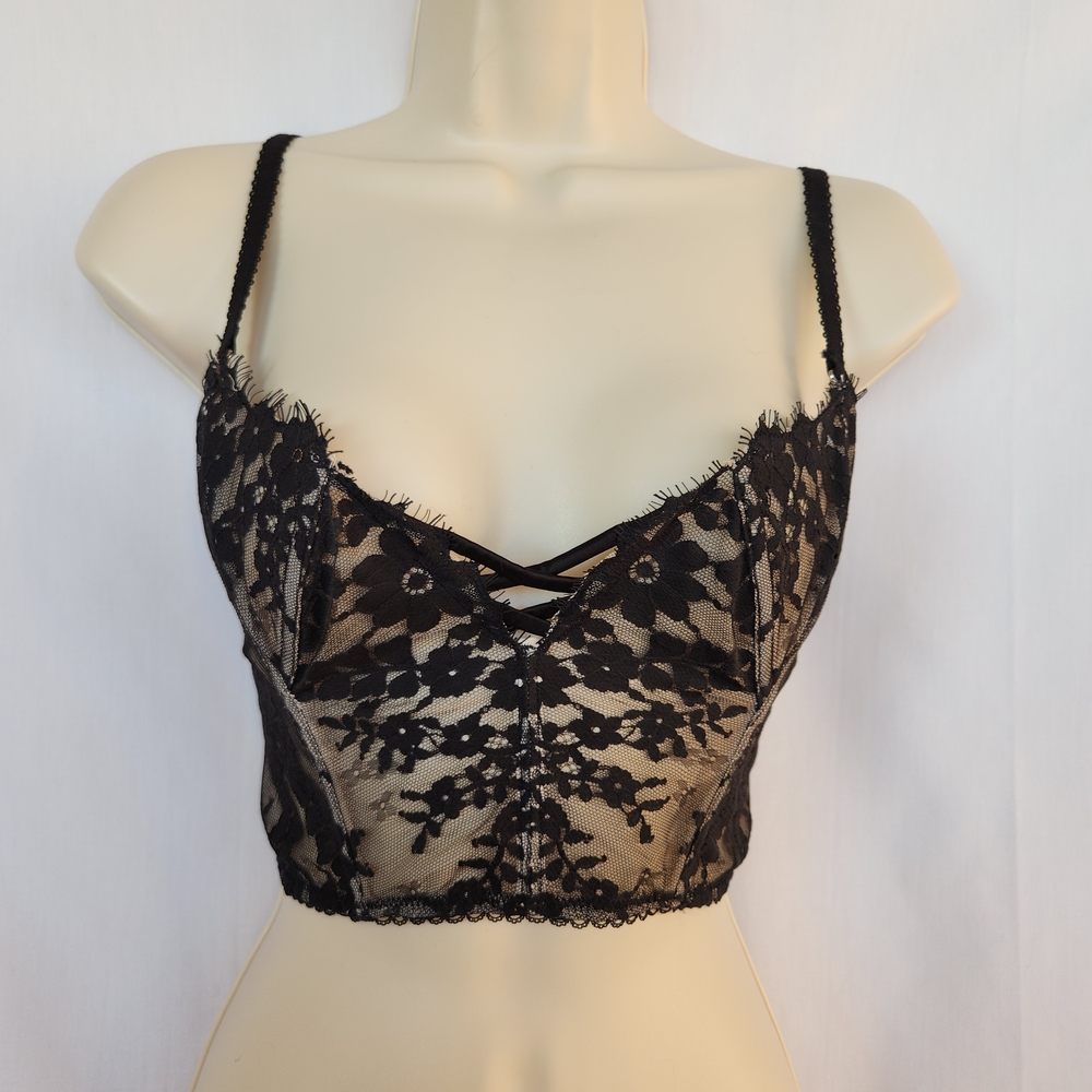 Victorias Secret Dream Angels Longline Bustier Boning Bra Black Lace Floral M